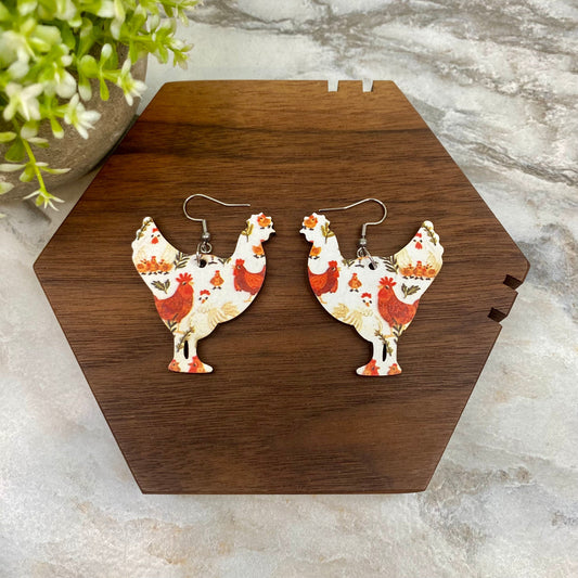 Wooden Dangle Earrings - Chicken - #3