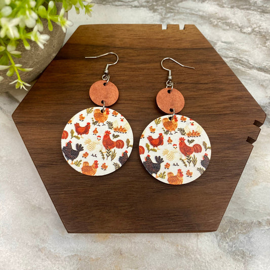 Wooden Dangle Earrings - Chicken - #7