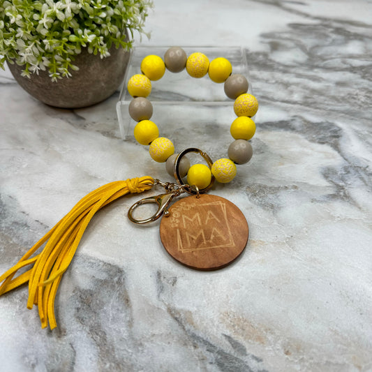 Wooden Bead Bracelet Keychain - Mama - Yellow