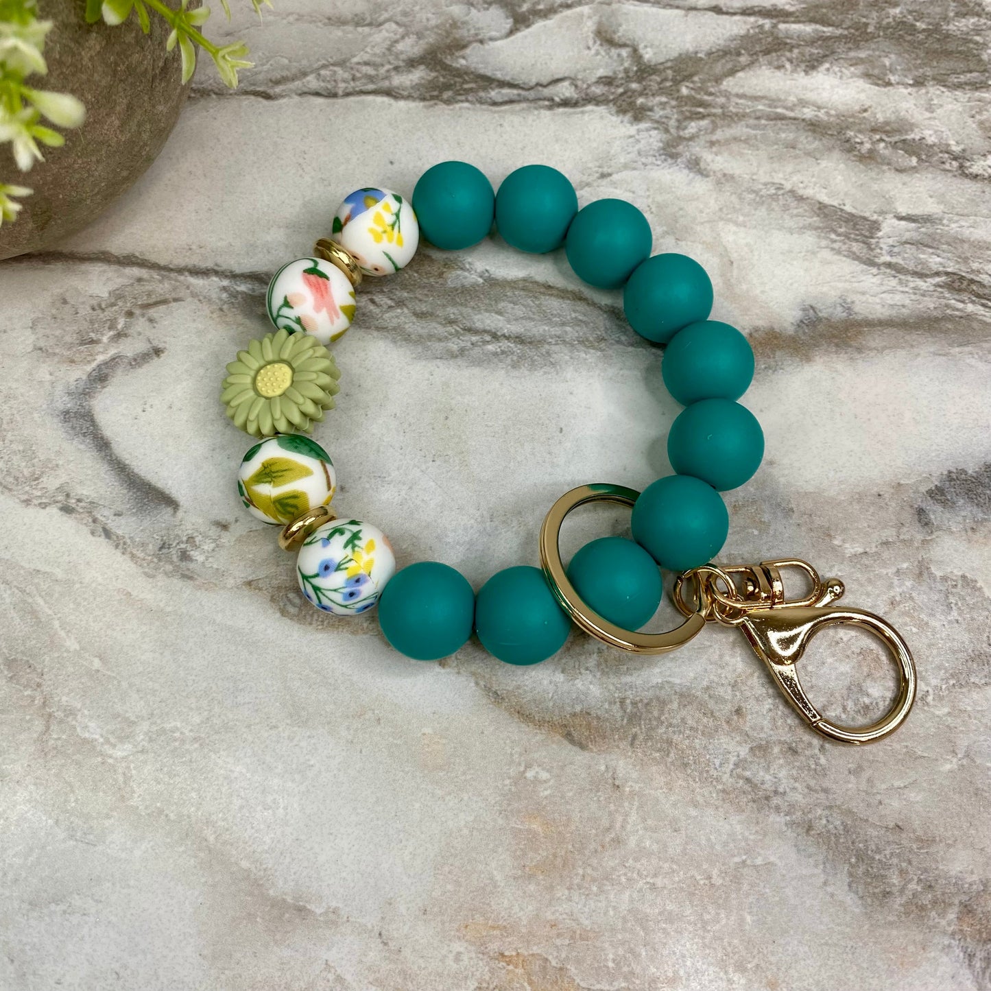 Silicone Bracelet Keychain - Teal Floral Sunflower