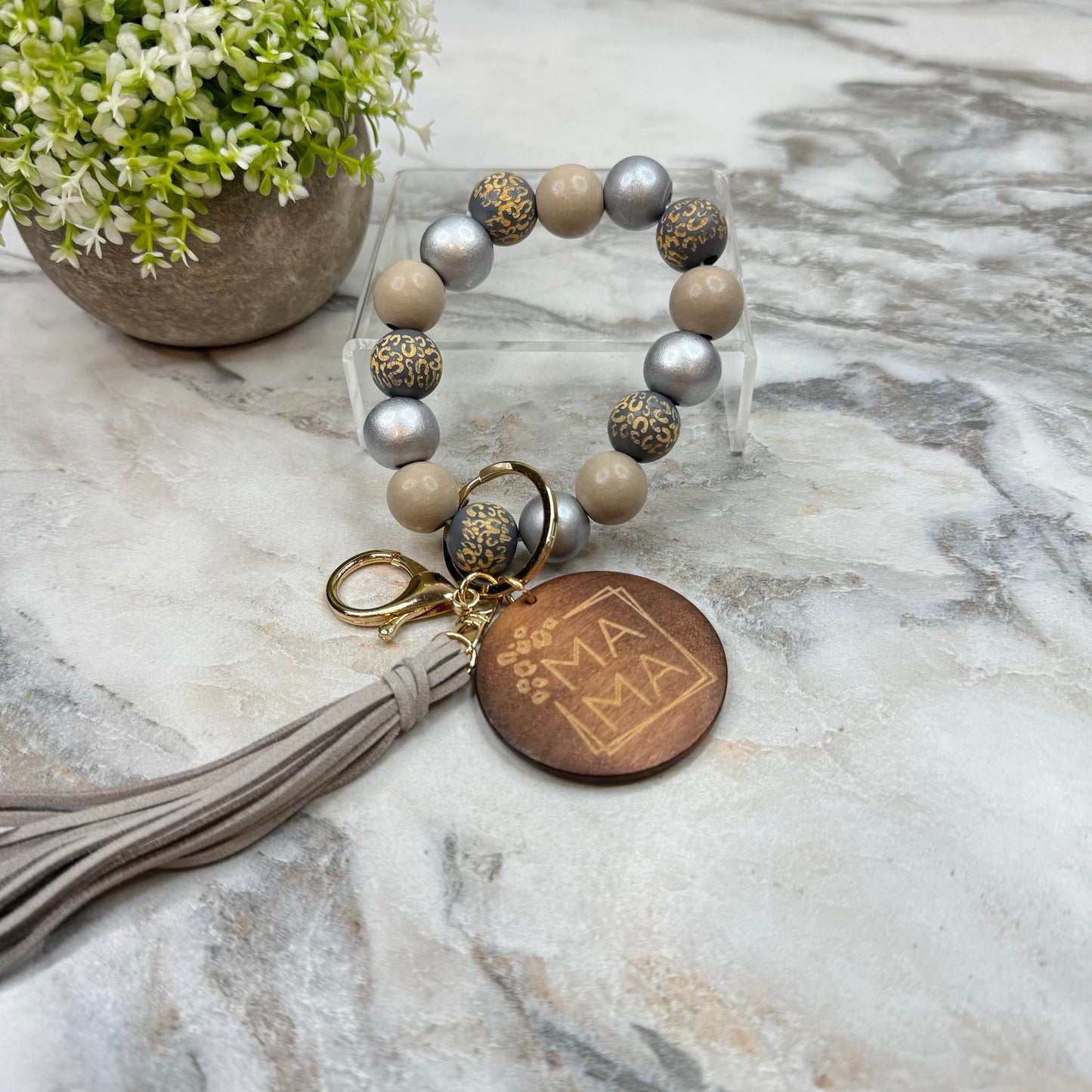 Wooden Bead Bracelet Keychain - Mama - Grey