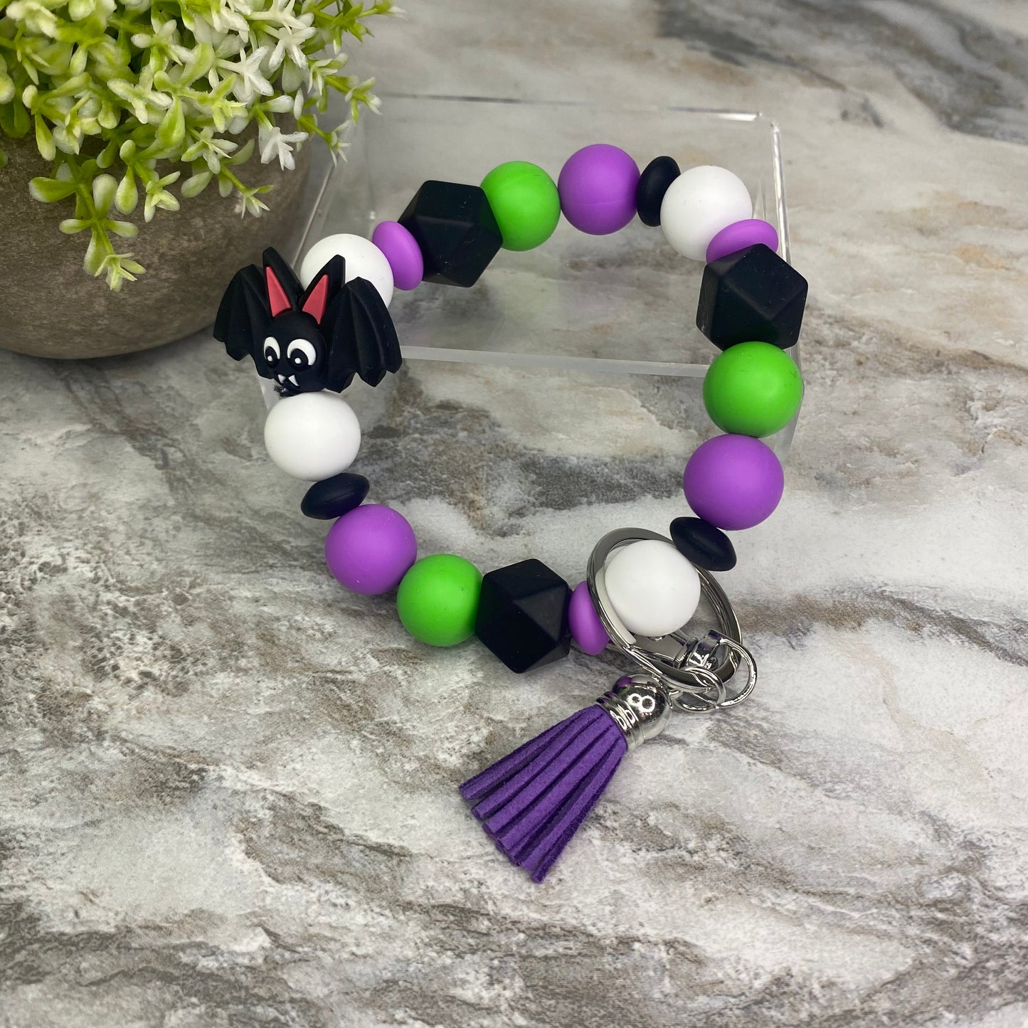 Silicone Bracelet Keychain - Halloween Green + Purple Bat