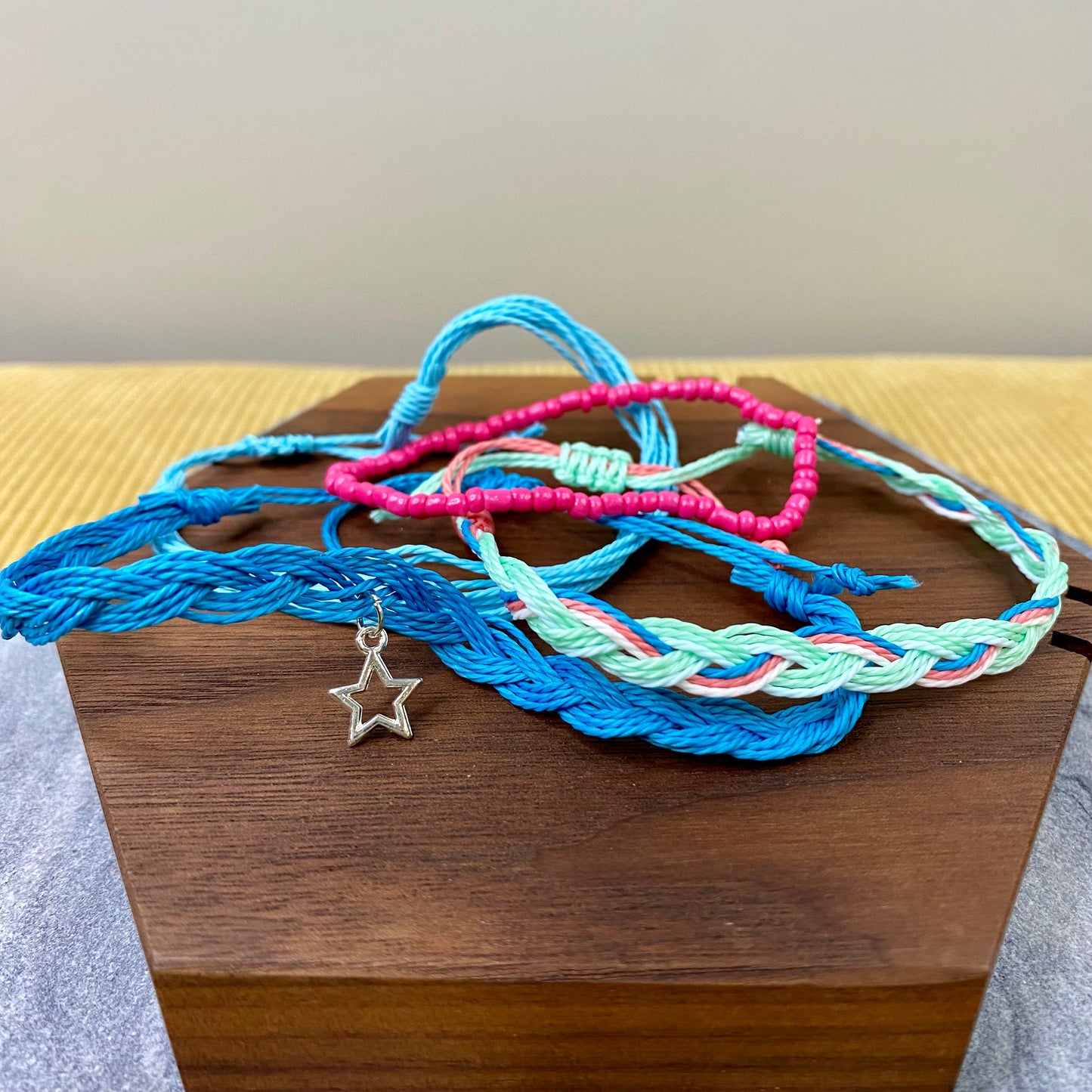 Bracelet Pack - Adjustable String & Bead Pink Blue Star